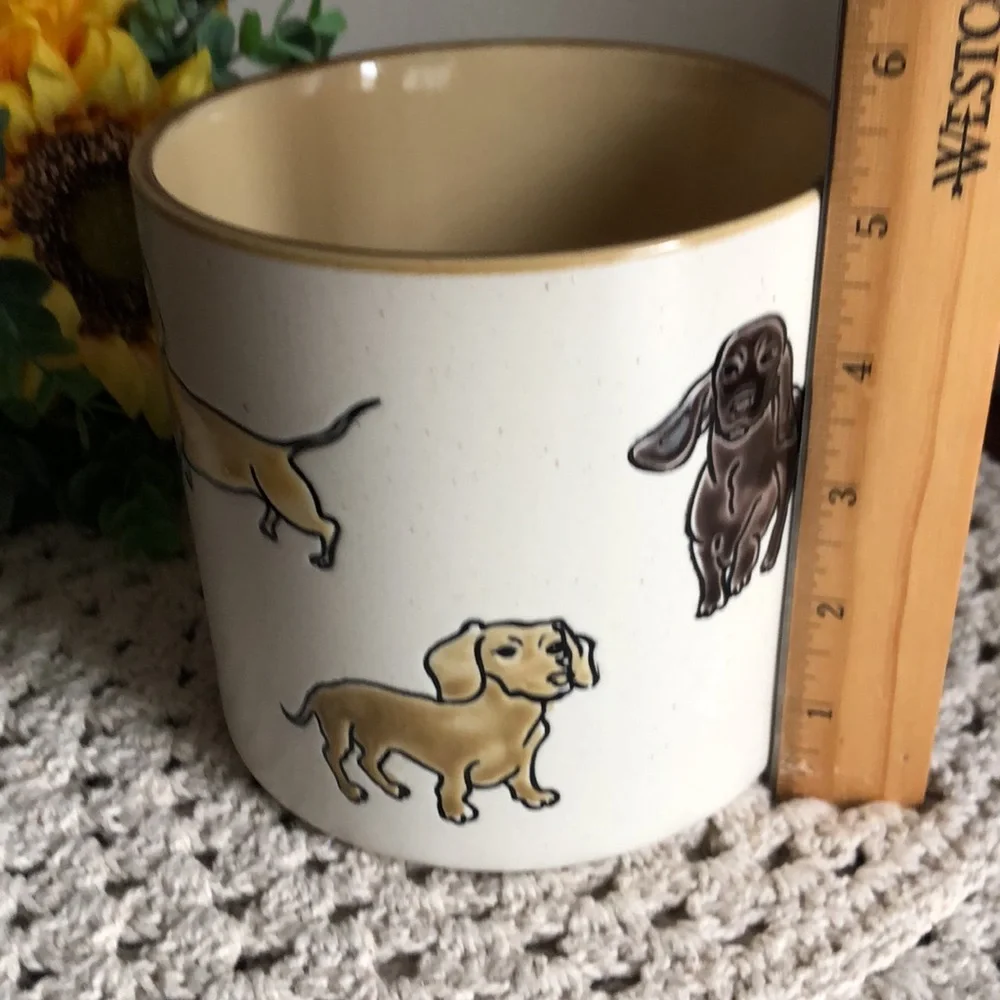 Cream Ceramic Planter Pot with Gray and Brown Dachshund Illustrations